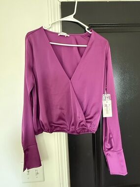Good American Satin Wrap-Front Blouse in Magenta